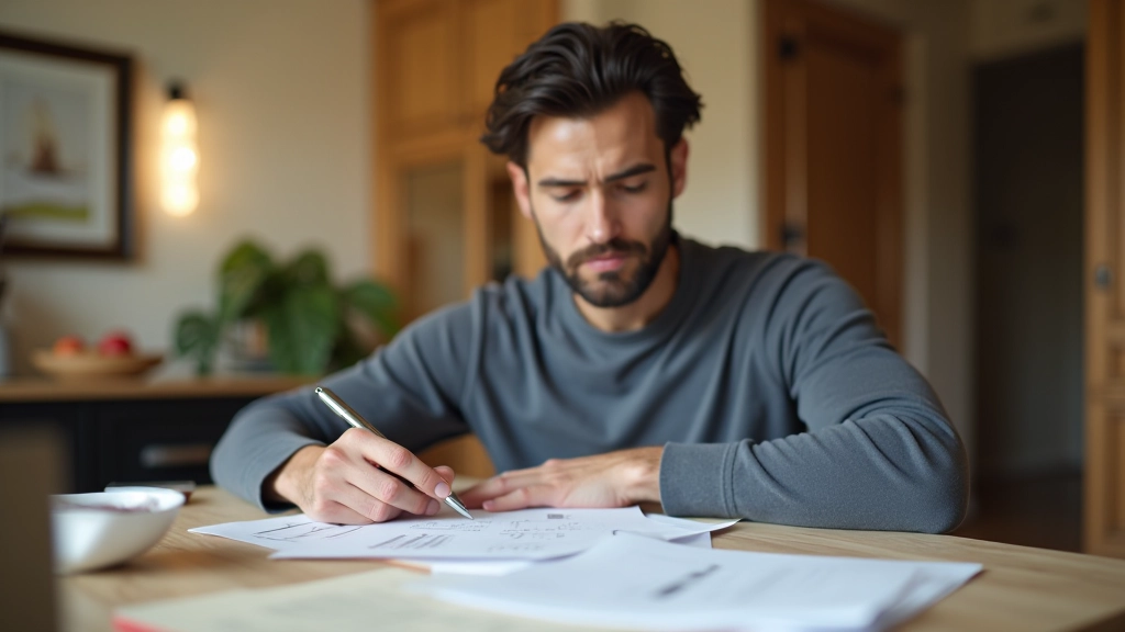 Homme adulte étudiant un relevé bancaire avec concentration dans un salon lumineux